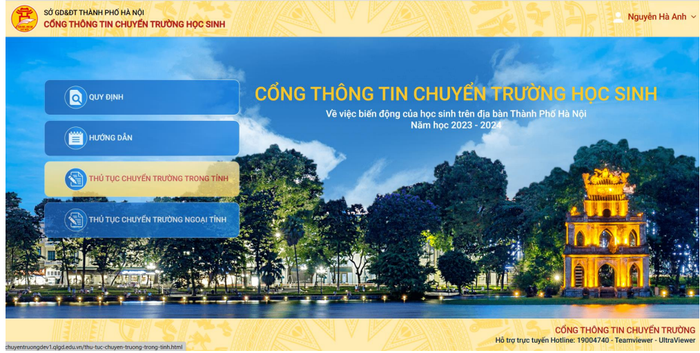 Cổng thông tin chuyển trường cho học sinh trung học phổ thông thành phố Hà Nội.