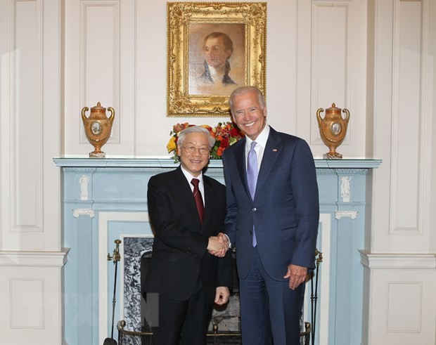 Tổng Bí thư Nguyễn Phú Trọng dự chiêu đãi của Chính phủ Hoa Kỳ do Phó Tổng thống Hoa Kỳ Joe Biden chủ trì trong chuyến thăm chính thức Hoa Kỳ tháng 7/2015. (Ảnh: Trí Dũng/TTXVN)