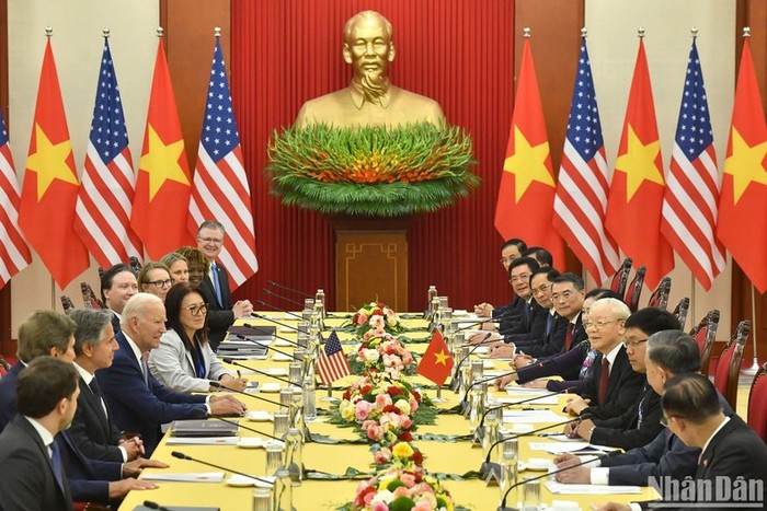 Tổng Bí thư Nguyễn Phú Trọng hội đàm với Tổng thống Hoa Kỳ Joe Biden, chiều 10/9/2023. (Ảnh: Đăng Khoa)