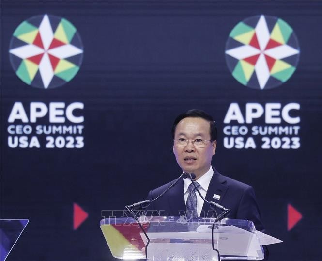 Chủ tịch nước Võ Văn Thưởng phát biểu tại Hội nghị Thượng đỉnh Doanh nghiệp APEC. Ảnh: Thống Nhất/TTXVN