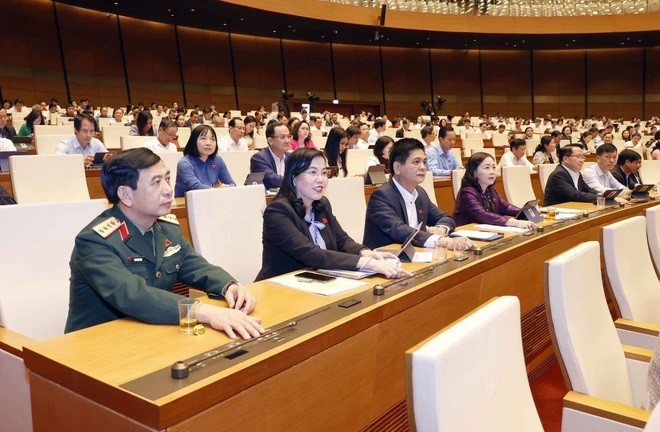 Đoàn đại biểu Quốc hội tỉnh Bến Tre biểu quyết thông qua Luật Lực lượng Tham gia Bảo vệ An ninh, Trật tự ở cơ sở. (Ảnh: Doãn Tấn/TTXVN)