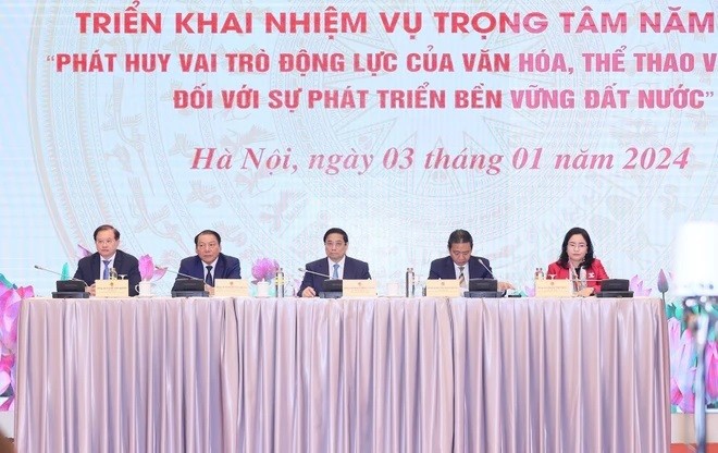 Thủ tướng Phạm Minh Chính và lãnh đạo Bộ Văn hóa, Thể thao và Du lịch chủ trì hội nghị. (Ảnh: Dương Giang/TTXVN)