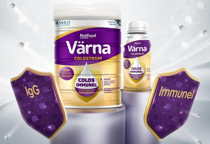 Värna Colostrum với phân đoạn sữa non phân tử lượng thấp (Immunel) độc quyền từ Sterling Mỹ và kháng thể IgG được chứng minh lâm sàng có tác dụng hỗ trợ tăng đề kháng nhanh chỉ sau 2 giờ.