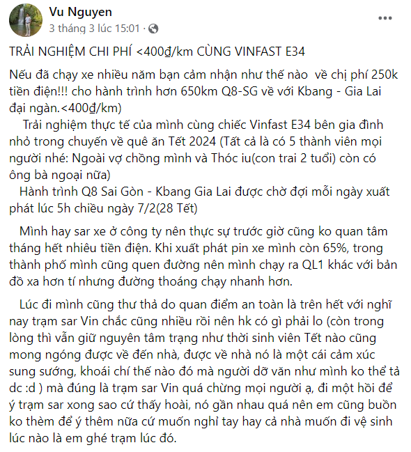 Anh Vũ rất hài lòng về VF e34 sau chuyến đi về Gia Lai ăn tết cùng gia đình (Nguồn: Facebook Vu Nguyen).