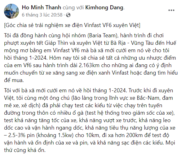 Anh Hồ Minh Thành chia sẻ về chuyến đi phượt xuyên Tết cùng VF 6 (Nguồn: Facebook Ho Minh Thanh).