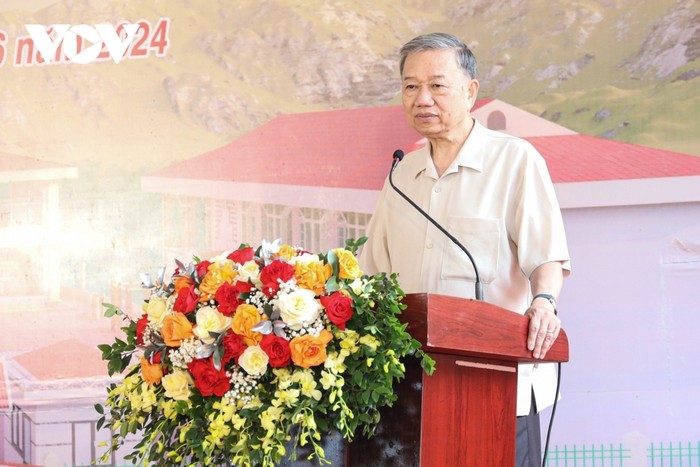 Chủ tịch nước Tô Lâm phát biểu tại lễ khởi công Trường mầm non Pác Bó.
