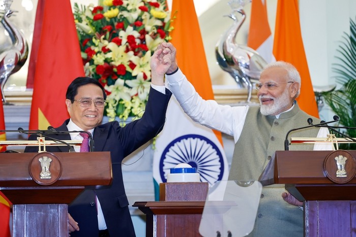 Thủ tướng Phạm Minh Chính và Thủ tướng Ấn Độ Narendra Modi cho biết, hai bên đánh giá Việt Nam-Ấn Độ là những người bạn luôn sát cánh bên nhau trong suốt chiều dài lịch sử, hiện tại và tương lai. Ảnh: VGP/Nhật Bắc