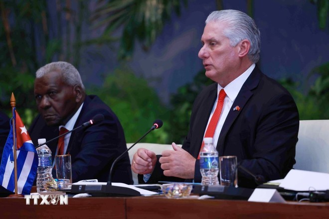 Bí thư thứ nhất Đảng Cộng sản Cuba, Chủ tịch Cuba Miguel Diaz Canel Bermudez phát biểu tại cuộc hội đàm với Tổng Bí thư, Chủ tịch nước Tô Lâm. (Ảnh: Lâm Khánh/TTXVN)