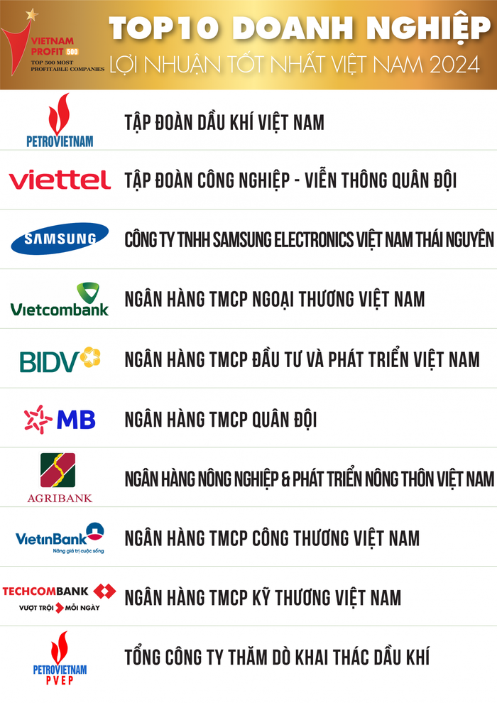 Petrovietnam dẫn đầu trong Top 10 Doanh nghiệp lợi nhuận tốt nhất Việt Nam năm 2024.