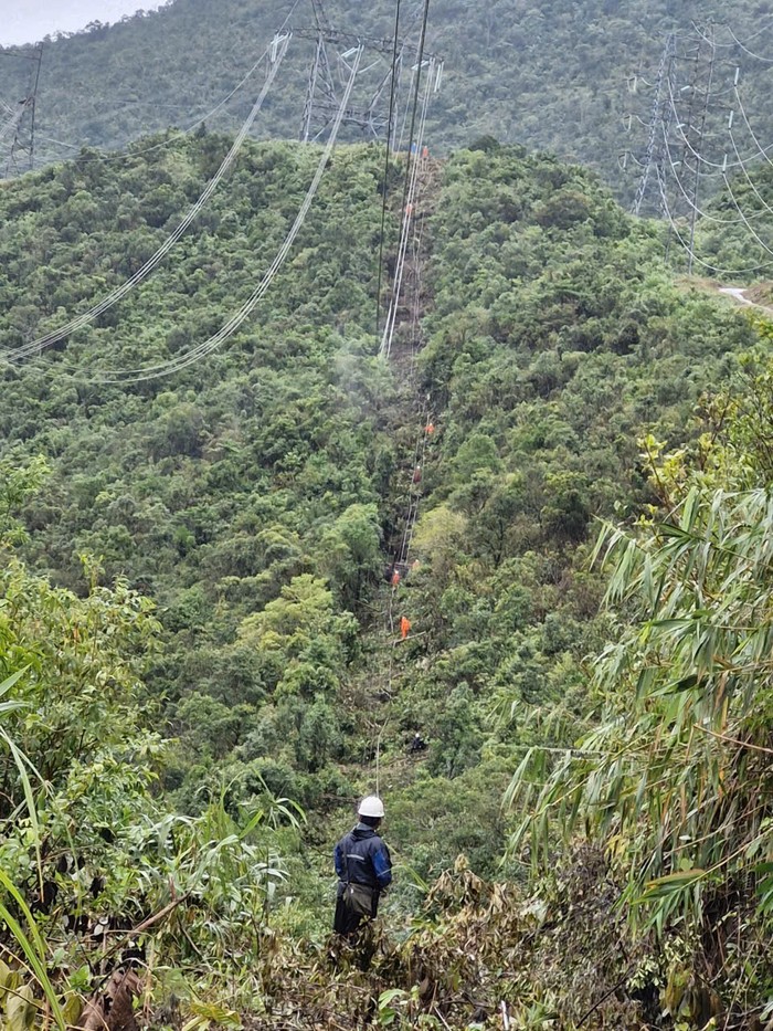 Công nhân Đội Truyền tải điện Cẩm Lệ (Truyền tải điện Đà Nẵng) sửa chữa thay dây cáp quang và dây dẫn khoảng cột 1656-1657 đường dây 500kV 574/Vũng Áng - 575/Đà Nẵng.