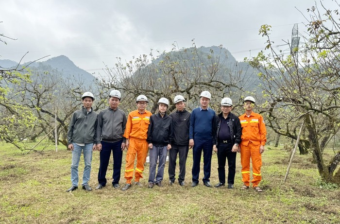 Ông Hoàng Xuân Khôi, Phó giám đốc PTC1 (thứ 3 từ phải sang) cùng đại diện lãnh đạo các phòng chức năng PTC1. Truyền tải điện Hòa Bình luôn luôn có mặt tại hiện trường chỉ đạo trực tiếp công tác thi công.