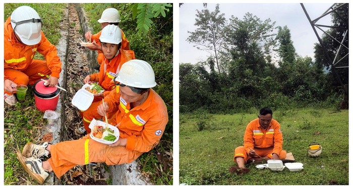 Bữa cơm trưa khẩn trương tại chân công trình.