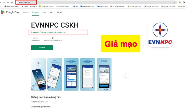 Hình ảnh App giả mạo sau khi khách hàng truy cập link sẽ mở ra trang web có giao diện giống kho ứng dụng CH PLAY của hệ điều hành Android