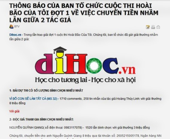 Thông báo của Ban tổ chức về việc nhầm lẫn giữa giải được bình chọn nhiều nhất và người tham gia bình chọn nhiều nhất.