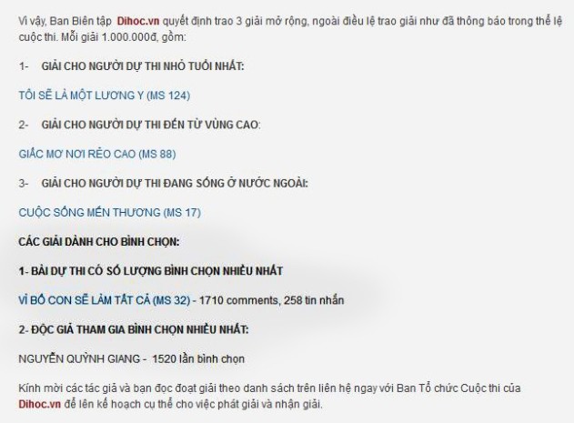 Bài dự thi của chị Linh "Vì bố con sẽ làm tất cả" có số lượng bình chọn nhiều nhất, giải thưởng là 8 triệu đồng.