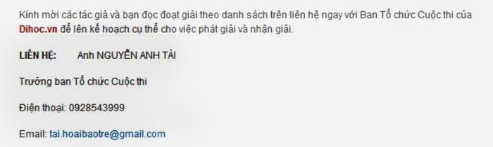 Điện thoại của Trưởng ban tổ chức cuộc thi, anh Nguyễn Anh Tài luôn trong tình trạng "thuê bao không liên lạc được".