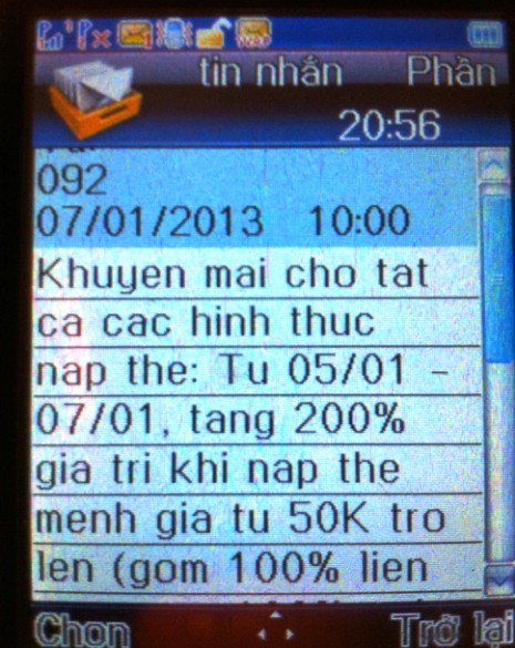 Tin nhắn thông báo chương trình khuyến mãi vượt quá 50% giá trị thẻ nạp cả VietNamMobile