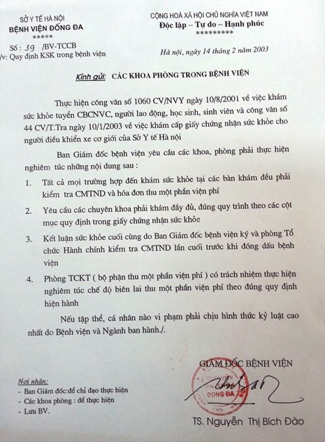 BV Đa khoa Đống Đa đang làm trái về qui định khám sức khoẻ?