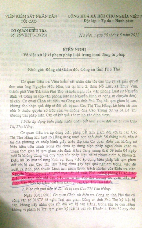 Thông báo của CQĐT VKSNDTC gửi cho GĐ Công an Phú Thọ về việc xử lí vi phạm pháp luật trong hoạt động tư pháp