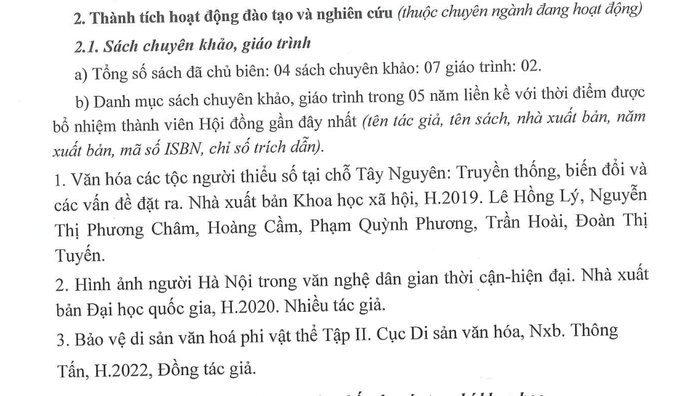 Thành tích hoạt động đào tạo và nghiên cứu do Giáo sư Lê Hồng Lý kê khai tại lý lịch khoa học.