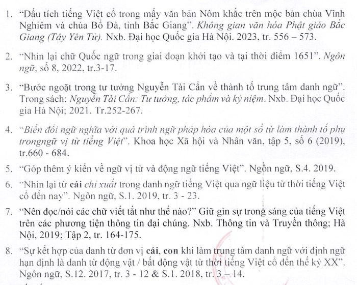 Danh mục một số bài báo đăng trên tạp chí trong nước trong thời gian 5 năm gần đây của Giáo sư Vũ Đức Nghiệu (ảnh chụp màn hình một phần bản kê khai của thầy Nghiệu)