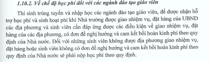 Chế độ học phí đối với ngành đào tạo giáo viên. Ảnh chụp màn hình từ đề án tuyển sinh của Trường Đại học Thủ đô Hà Nội.