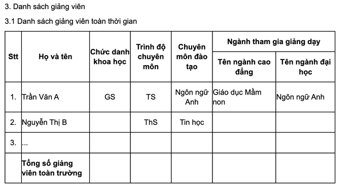 Mẫu kê khai danh sách giảng viên toàn thời gian theo quy định tại Thông tư 08/2022/TT-BGDĐT. Ảnh chụp màn hình