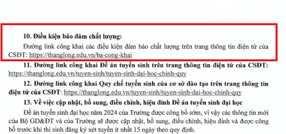 Đề án tuyển sinh 2024 của Trường Đại học Thăng Long, nhà trường dẫn đường link của ba công khai. Ảnh chụp màn hình