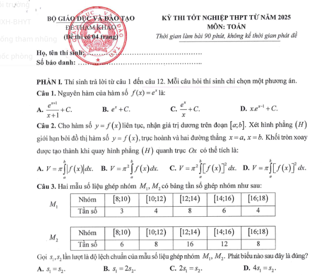 Phần 1 trong đề thi tham khảo môn Toán của kỳ thi tốt nghiệp trung học phổ thông từ năm 2025