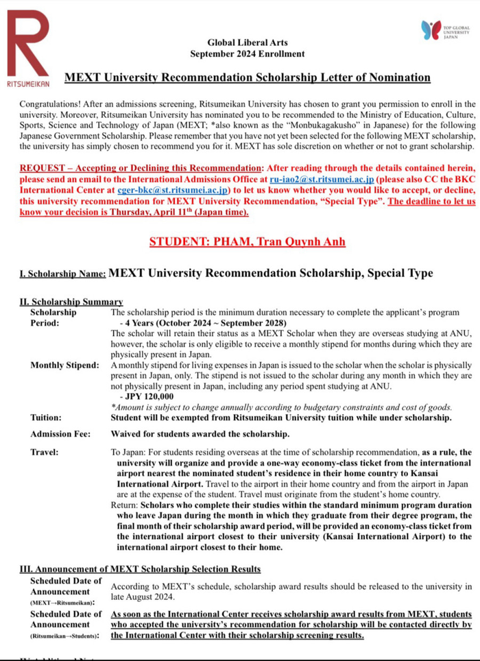 Thư tiến cử học bổng toàn phần Chính phủ Nhật Bản từ Trường Đại học Ritsumeikan của Quỳnh Anh. Ảnh: NVCC