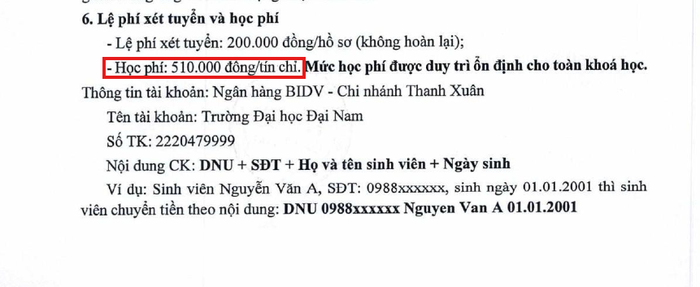 Học phí trong thông báo tuyển sinh đào tạo từ xa trình độ đại học đợt 3 năm 2024. Ảnh: Chụp màn hình.