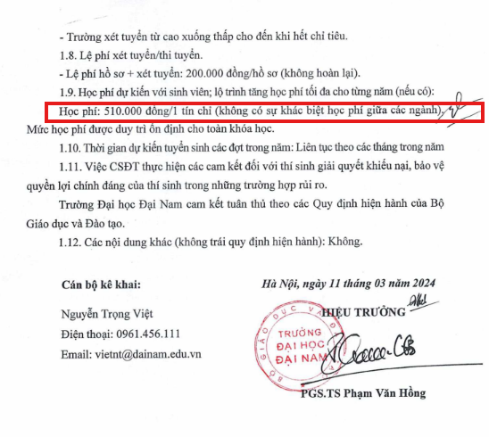 Học phí hệ đào tạo từ xa được ghi trong Đề án tuyển sinh 2024 của Trường Đại học Đại Nam. Ảnh: Chụp màn hình