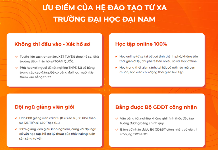 Trường Đại học Đại Nam giới thiệu về hệ đào tạo từ xa trên website nhà trường. Ảnh: Chụp màn hình