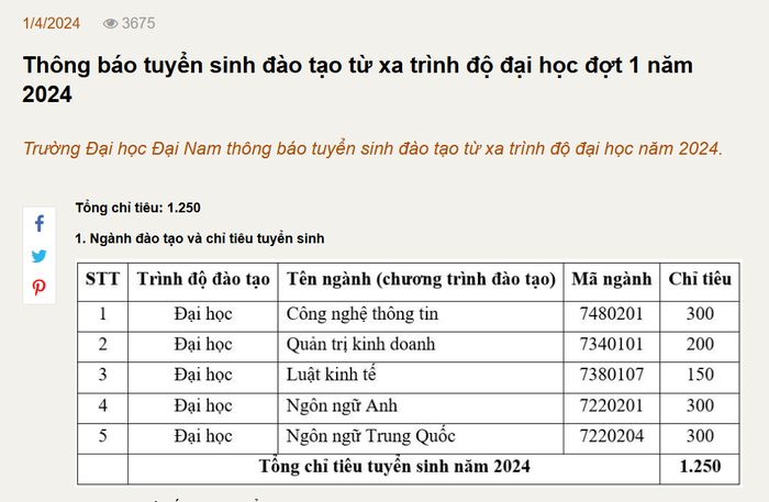 5 ngành trong thông báo tuyển sinh đào tạo từ xa trình độ đại học đợt 1 năm 2024. Ảnh: Chụp màn hình