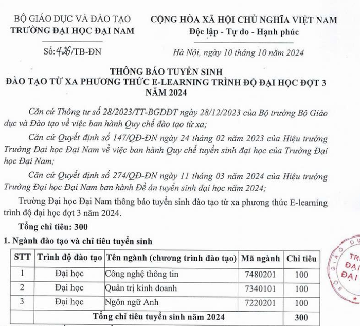 3 ngành thông báo tuyển sinh đào tạo từ xa trình độ đại học đợt 3 năm 2024. Ảnh: Chụp màn hình