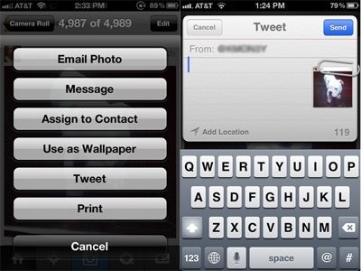 “Tweet” ảnh trực tiếp từ Camera Roll: Chọn lấy một tấm hình trong Camera Roll, nhìn xuống phía dưới bạn sẽ thấy một mũi tên hướng lên. Bấm vào đó, một menu nhỏ hiện ra. Chọn “Tweet”, một menu nữa hiện ra với tấm hình đính kèm ở góc phải. Viết một điều gì đó rồi đưa chúng lên trang tweeter của mình. Thật nhanh chóng phải không nào.