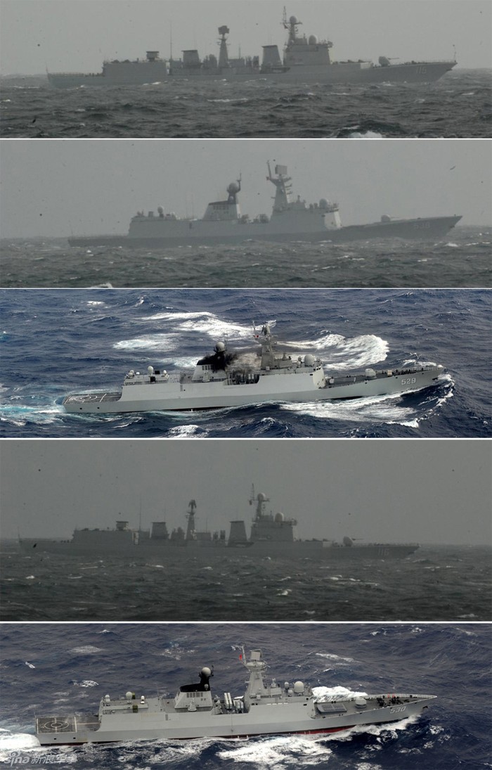 5 tàu chiến Hải quân Trung Quốc đi qua eo biển Miyako ngày 23 tháng 10 năm 2013 gồm: tàu khu trục Project 051C Thẩm Dương, Thạch Gia Trang (số hiệu 116), tàu hộ vệ Project 054A Yên Đài (số hiệu 538) của Hạm đội Bắc Hải; tàu hộ vệ 054A Từ Châu và Châu Sơn (số hiệu 529) của Hạm đội Đông Hải.