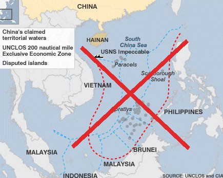 Đường lưỡi bò 9 đoạn (phi pháp do Trung Quốc đơn phương, tự ý vạch ra) bao trọn diện tích Biển Đông (Nguồn UNCLOS/cia)