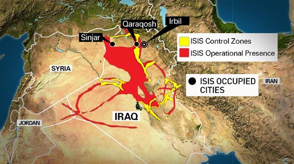 Khu vực màu đỏ là khu vực hành động quân sự của tổ chức ISIS Iraq