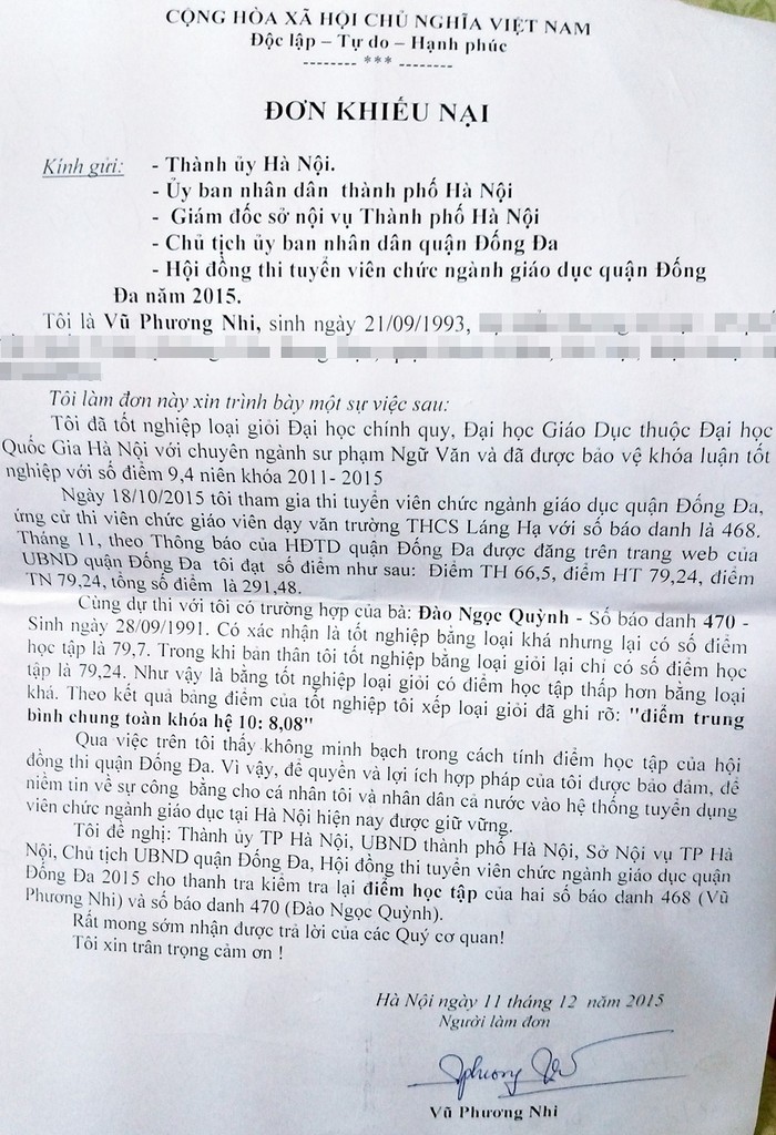 Đơn của thí sinh Vũ Phương Nhi gửi các cơ quan chức năng cầu cứu.