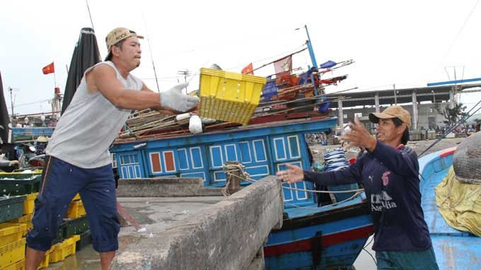 Vừa chuyển những rổ cá dưới tàu lên, hai ngư dân này tâm sự rằng dù có khó khăn nhưng vì cuộc sống, lòng tự trọng nhiều đời bám biển chúng tôi không bao giờ từ bỏ vùng biển của Tổ quốc - Ảnh: Hữu Khá