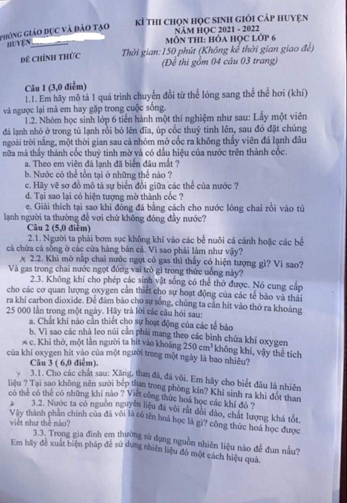 Đề thi học sinh giỏi Hóa 6 của một địa phương.