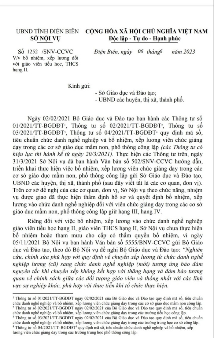Công văn 1252 của Sở Nội vụ tỉnh Điện Biên