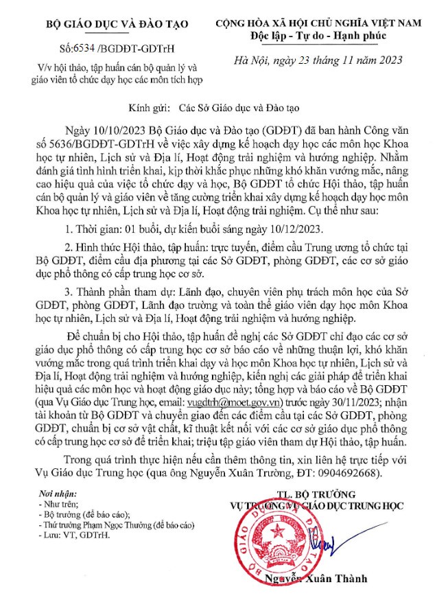 Công văn số 6534/BGDĐT-GDTrH của Bộ Giáo dục và Đào tạo