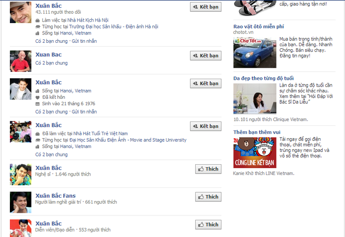 Trên công cụ tìm kiếm của Facebook, khi gõ từ khóa "Xuân Bắc" có thể thống kê được tới 12 trang Facebook mang tên danh hài này.