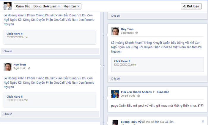 Một trong số những Facebook mang tên Xuân Bắc. Không hề thấy có bóng dáng chủ nhân Facebook đăng tải thông tin mà chỉ thấy các fan vào bình luận và gửi tin nhắn thăm hỏi.