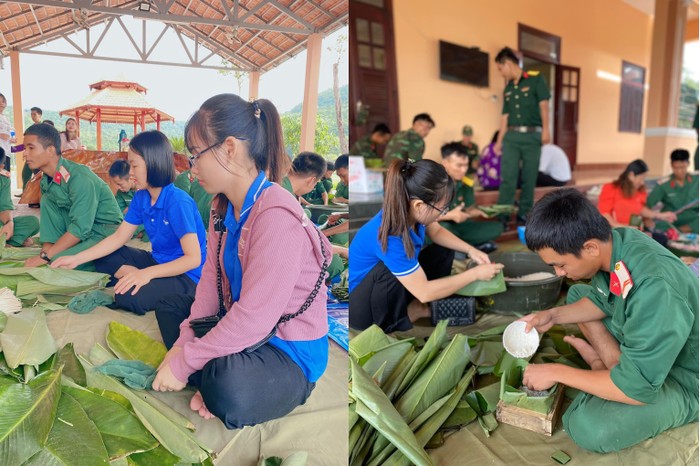 Các thầy cô giáo cùng các chiến sĩ trên đảo Thổ Châu gói bánh chưng. (Ảnh: NTCC)