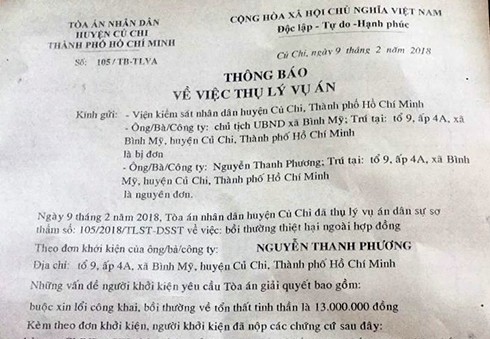 Thông báo về việc thụ lý vụ án. (Ảnh: H.L)