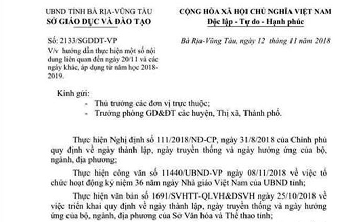 Công văn của Sở Giáo dục và Đào tạo tỉnh Bà Rịa - Vũng Tàu về việc không tổ chức Lễ kỷ niệm 20/11. (Ảnh: H.L)