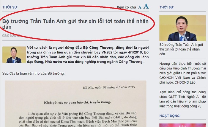 Ảnh chụp màn hình thư xin lỗi của Bộ trưởng Trần Tuấn Anh.